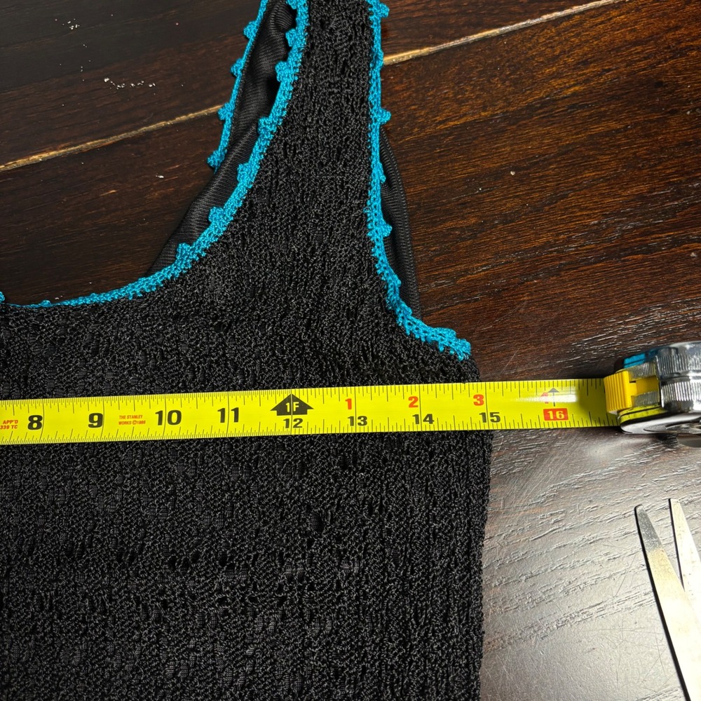 Whimsigoth Black Cyan Blue Trim Crochet Tank‎ Top XL Scoop Festival Boho Indie - Picture 9 of 11